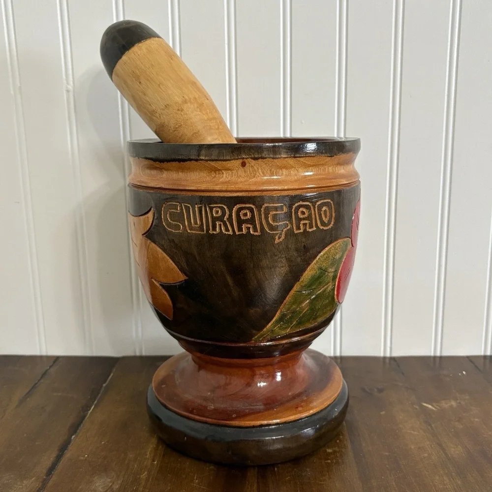 Vtg Hand Carved Wood Pilón Mortar & Pestle Set Curaçao Floral Folk Art Travel
